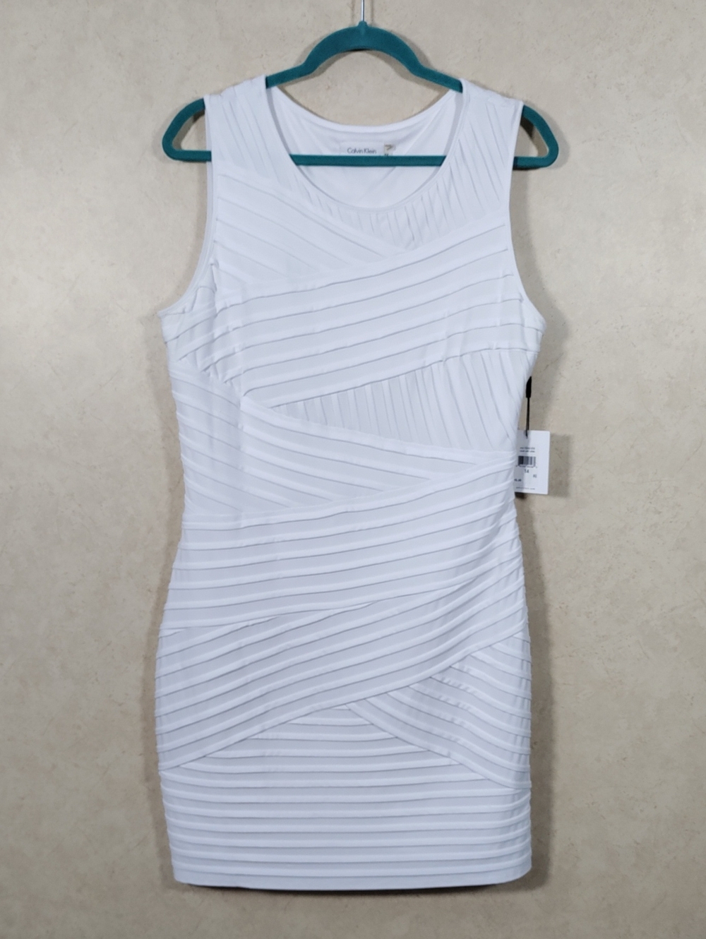 H138 Calvin Klein White Sleeveless Ribbed Bandage Mini Dress